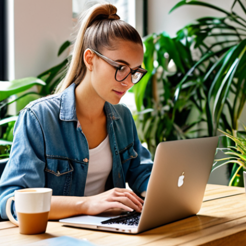 Home 4 **A content creator working on a laptop in a vibrant co-working space, surrounded by plants. Open a Google Ads dashboard, with a cup of coffee nearby.** (Focus: Digital nomad lifestyle, online marketing, modern workspace)