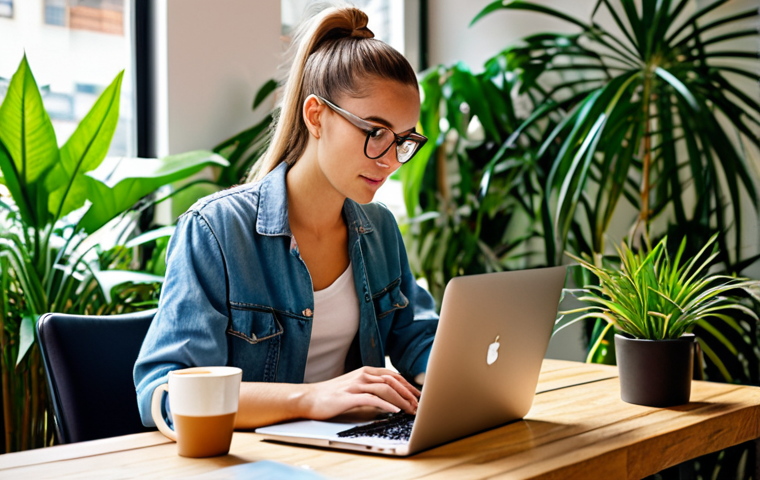 **A content creator working on a laptop in a vibrant co-working space, surrounded by plants. Open a Google Ads dashboard, with a cup of coffee nearby.** (Focus: Digital nomad lifestyle, online marketing, modern workspace)
