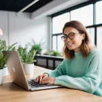 Home 5 디지털 노마드를 위한 최고의 여행 앱 - **Prompt:** A female digital nomad in her late 20s, with a focused and contented expression, is comf...