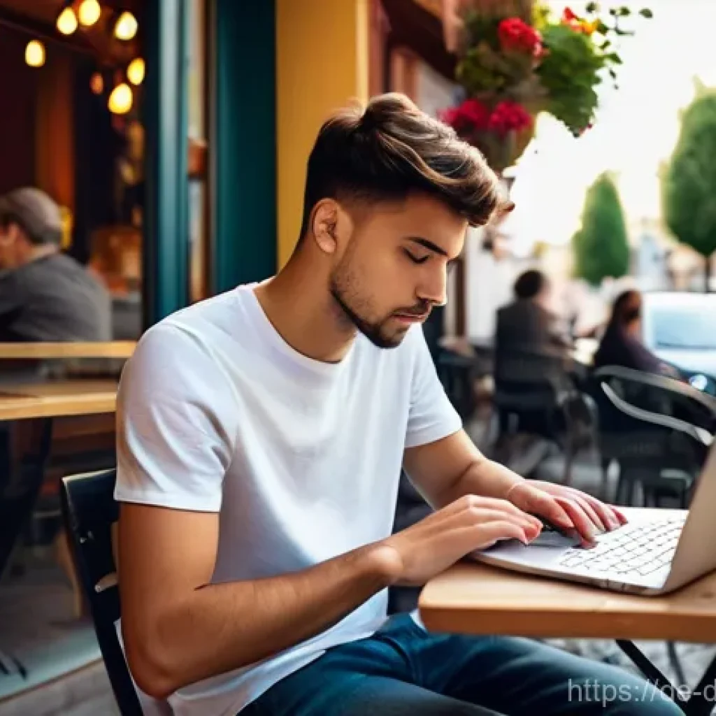 디지털 노마드가 지켜야 할 인터넷 안전 수칙 - **Prompt:** A digital nomad, a young adult (wearing modern, casual clothing such as a t-shirt and je...
