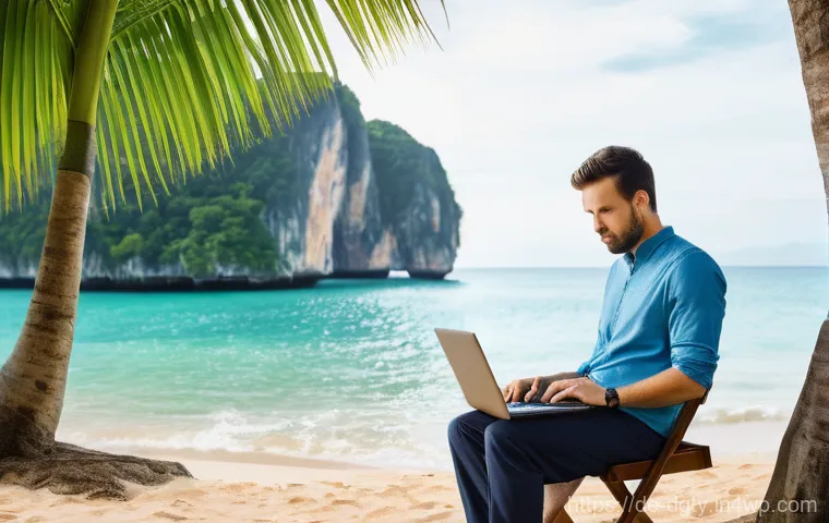 원격 근무와 디지털 노마드의 차이점 - **Prompt:** A diverse individual in their late 20s is working on a laptop from an open-air co-workin...