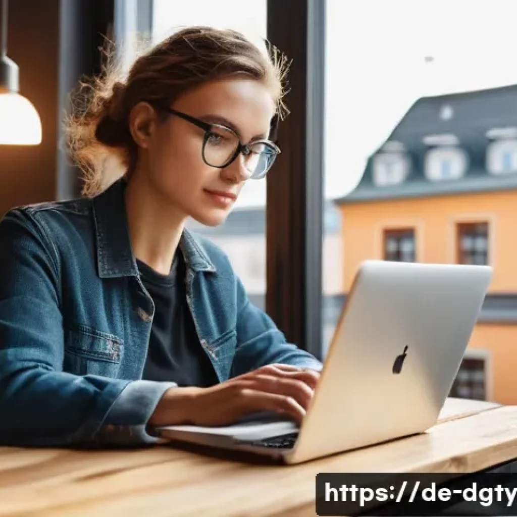 디지털 노마드가 선호하는 직종과 산업 - A focused digital nomad woman working on her sleek laptop at a cozy caf&eacute; in Berlin, wearing stylish ...