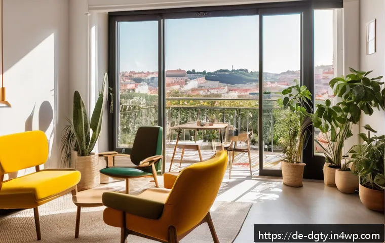 디지털 노마드 생활비 절약 팁 - A cozy digital nomad co-living space in Lisbon, Portugal, showing a modern shared apartment with com...