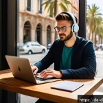 Home 18 디지털 노마드가 되는 가장 빠른 방법 - A modern digital nomad workspace setup inside a cozy European café in Barcelona, featuring a sleek l...