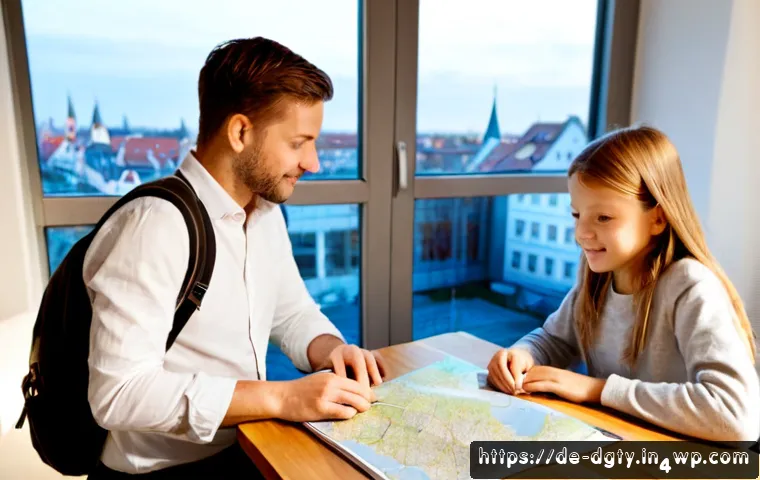 Home 17 디지털 노마드와 함께하는 가족 여행 전략 - Photorealistic family digital nomad travel scene in a bright modern apartment in Munich, Germany: a ...